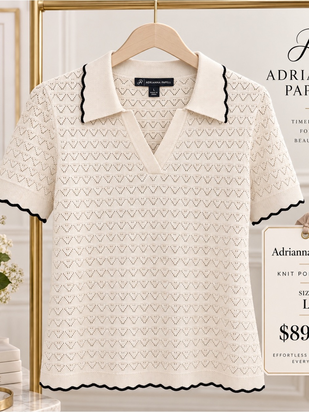Adrianna Papell Cream Short-Sleeve Knit Polo with Black Trim - Picture 7 of 7